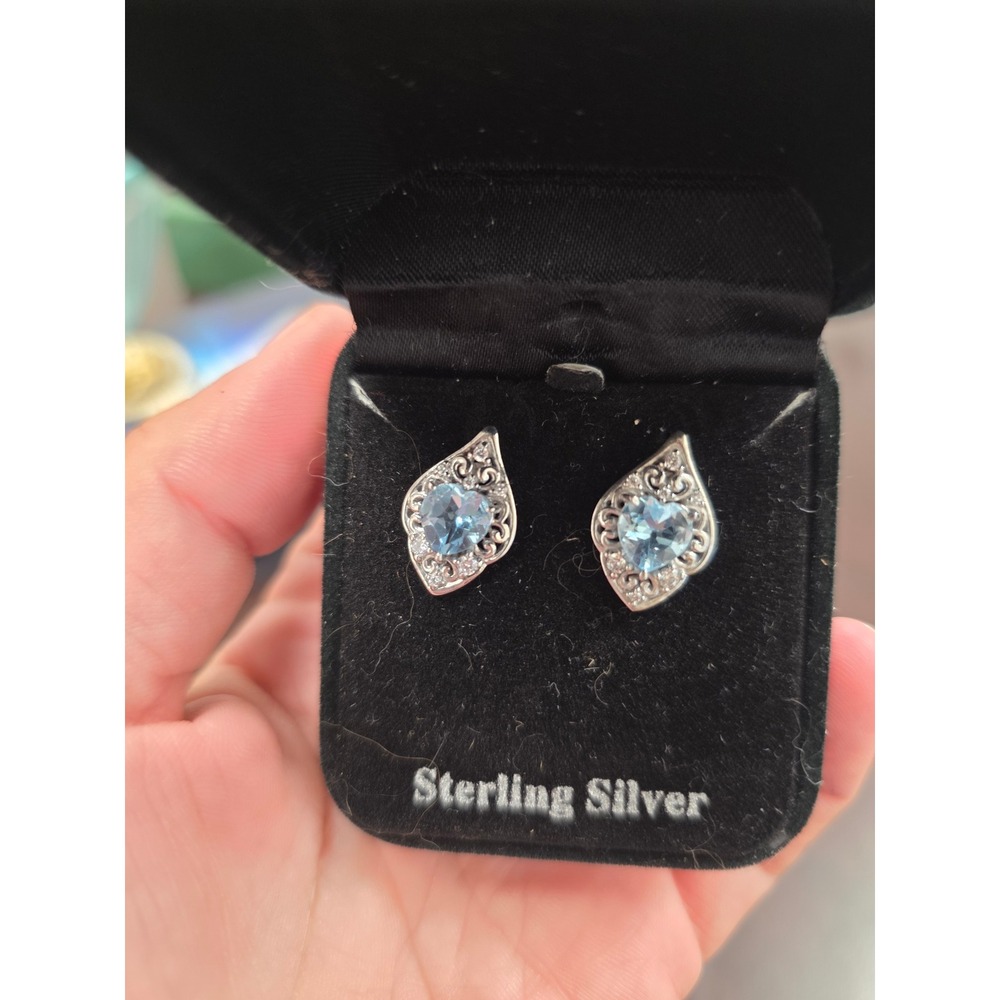 Sterling Silver Blue Topaz Heart Filigree Marquise Stud Earrings Vintage Style - Picture 7 of 16